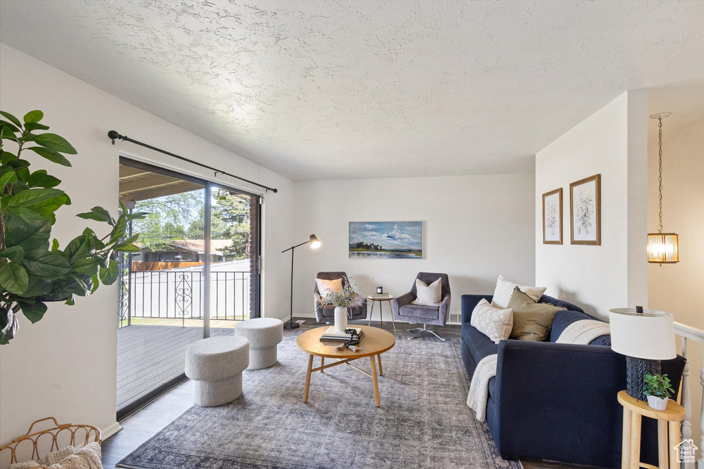 Living area with a textured ceiling and wood finished floors
