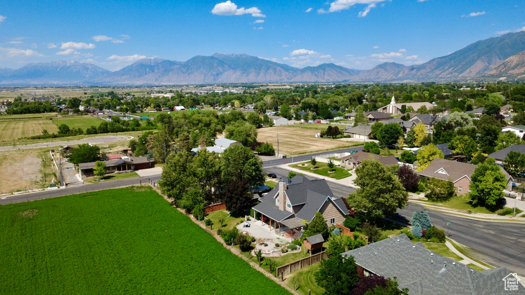 Aerial view of residential area with a mountainous background