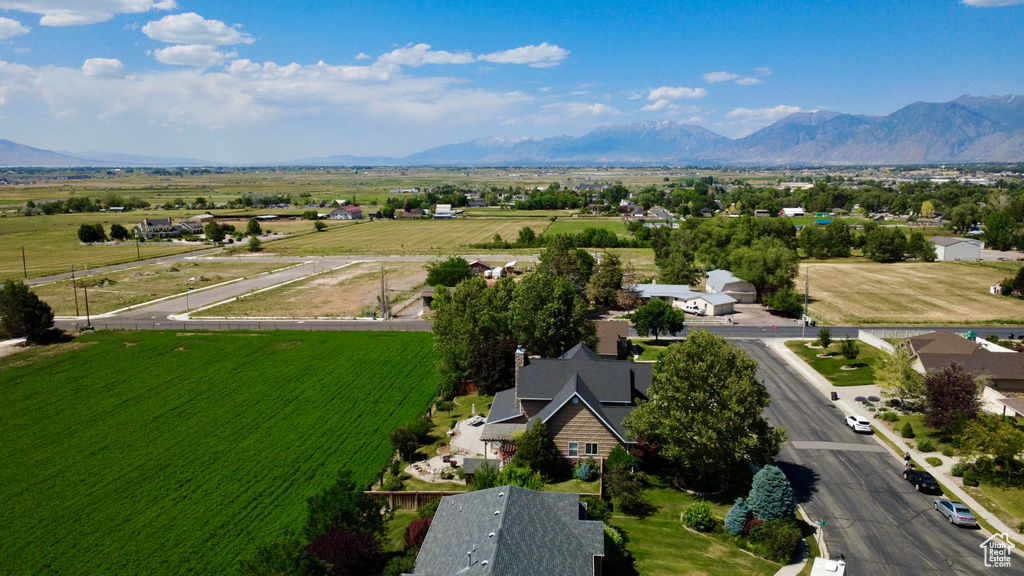 Overview of rural landscape featuring a mountain backdrop