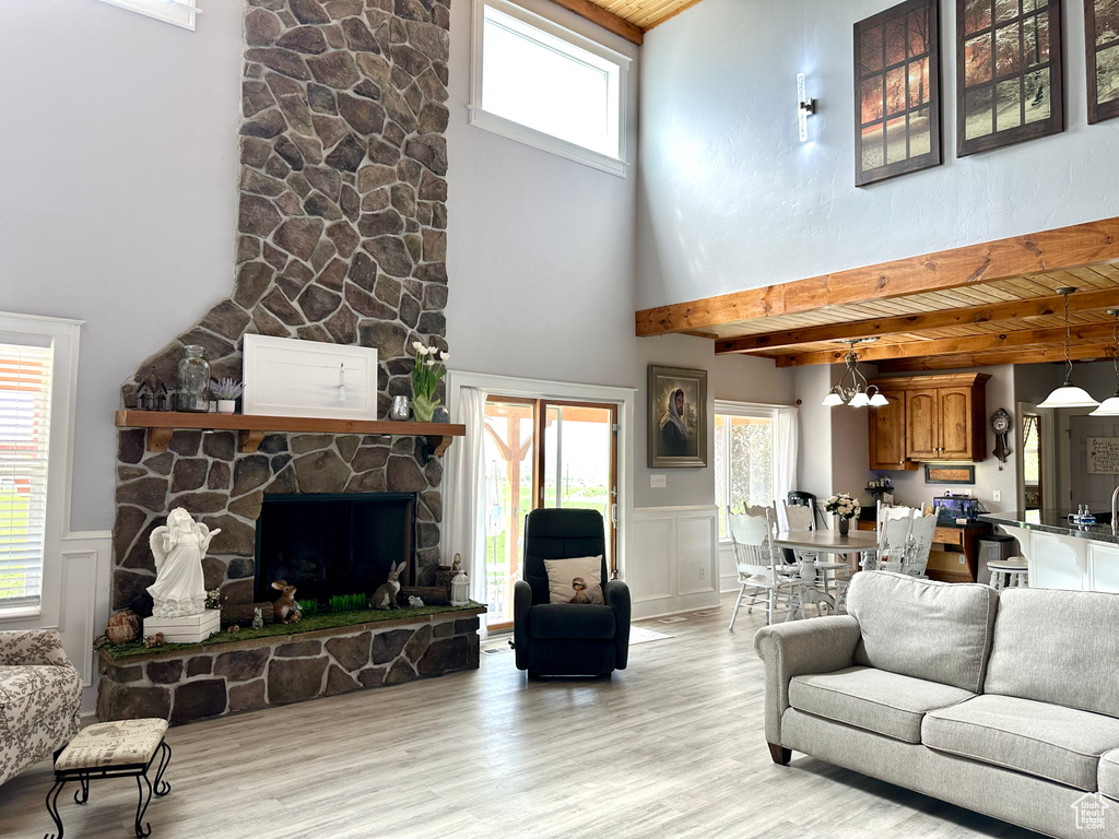 Living room featuring beamed ceiling, light wood-type flooring, wainscoting, a stone fireplace, and a towering ceiling