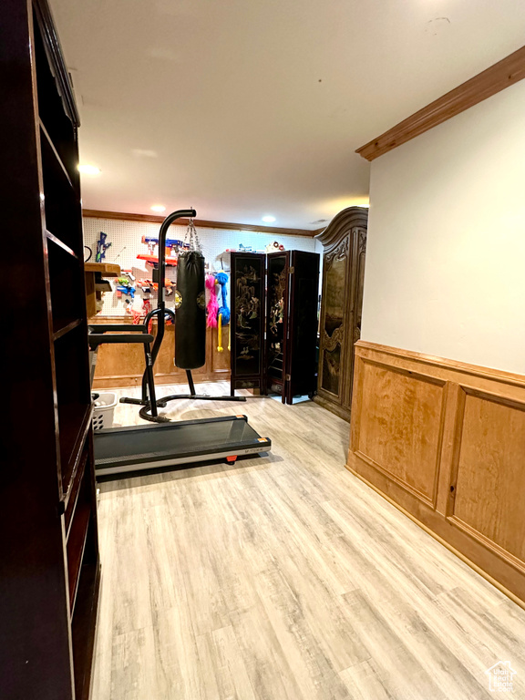 Workout room with ornamental molding, a wainscoted wall, and light wood-style flooring