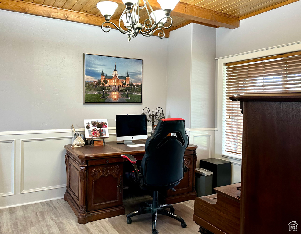 Office space with wooden ceiling with exposed beams, a chandelier, wood finished floors, a decorative wall, and wainscoting
