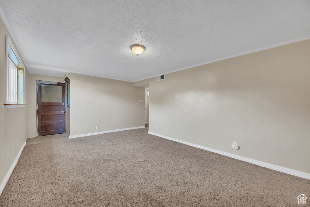 Spare room featuring a textured ceiling and carpet flooring