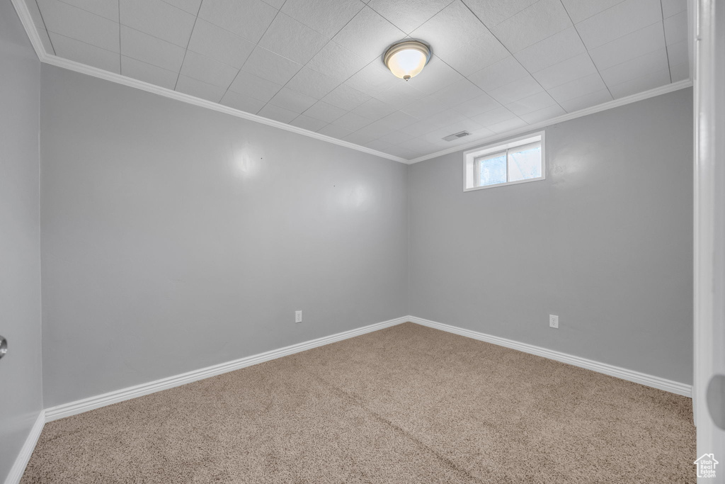 Below grade area with carpet flooring and ornamental molding