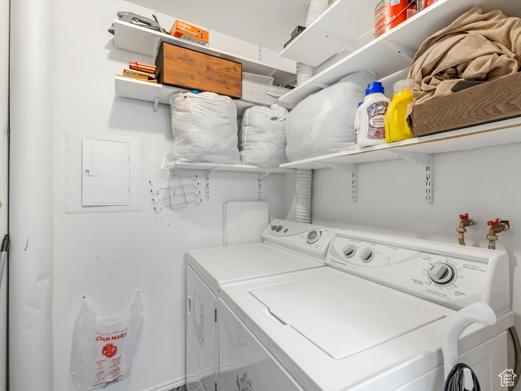 Laundry room with washer and dryer and electric panel