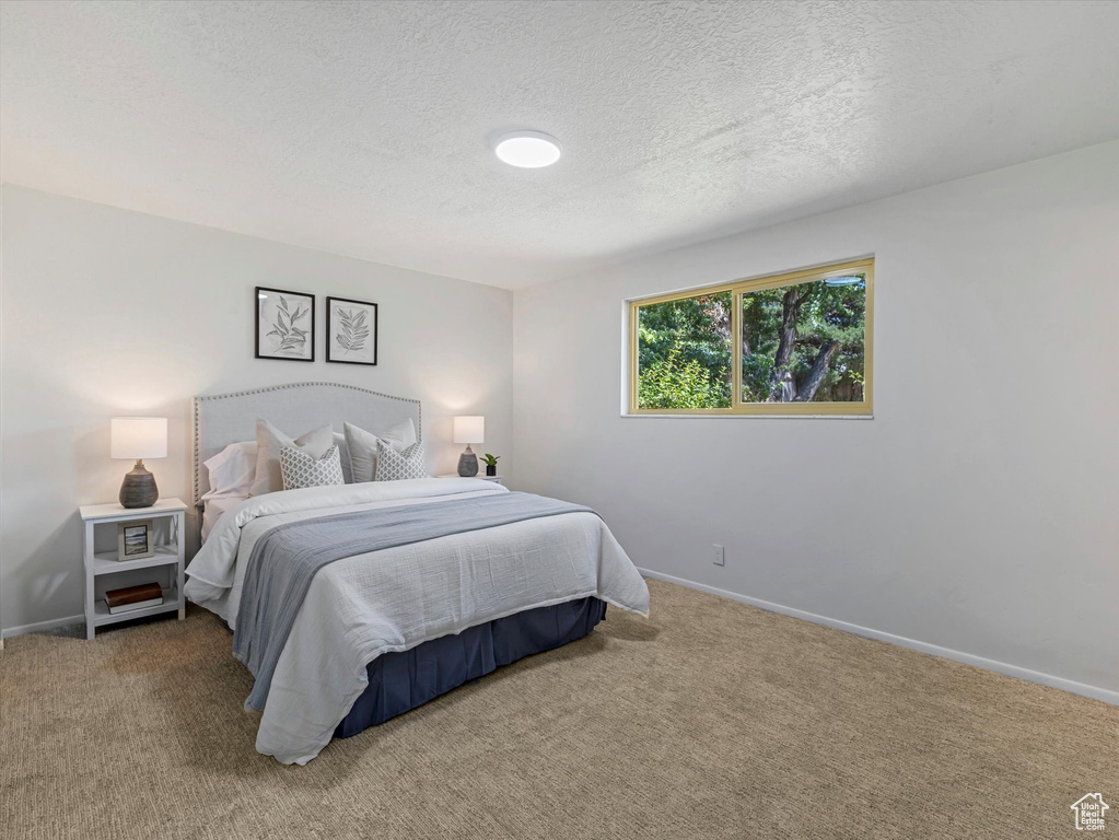 Carpeted bedroom featuring baseboards and a textured ceiling