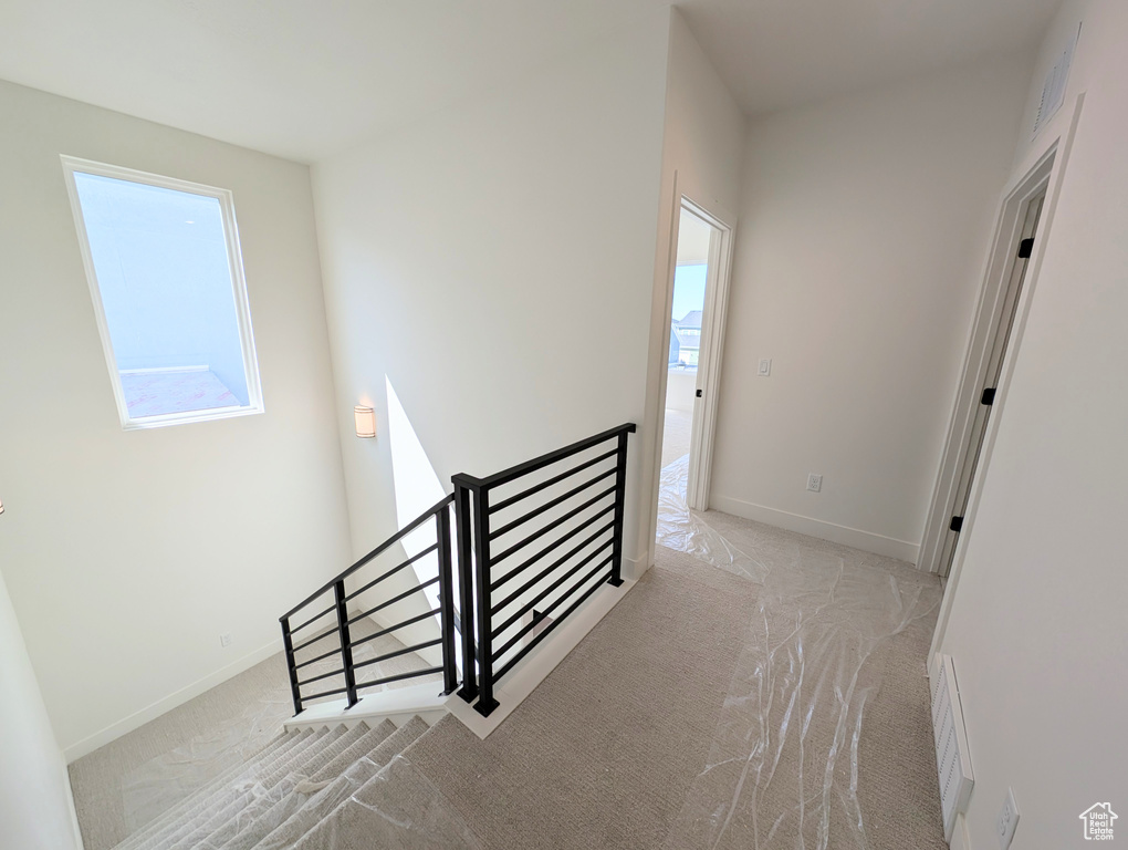 Hall featuring an upstairs landing and light carpet