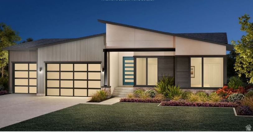 Contemporary house with driveway, a garage, a front yard, and roof with shingles