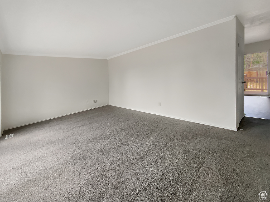 Unfurnished room with ornamental molding and dark colored carpet
