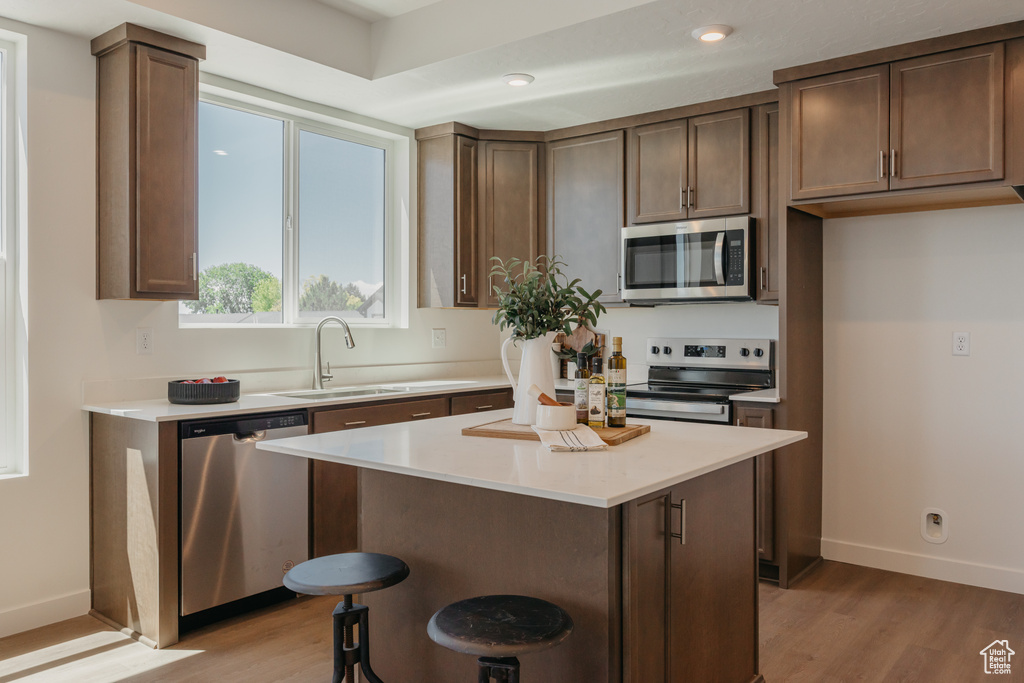 Kitchen featuring stainless steel appliances, light wood finished floors, light countertops, a center island, and recessed lighting