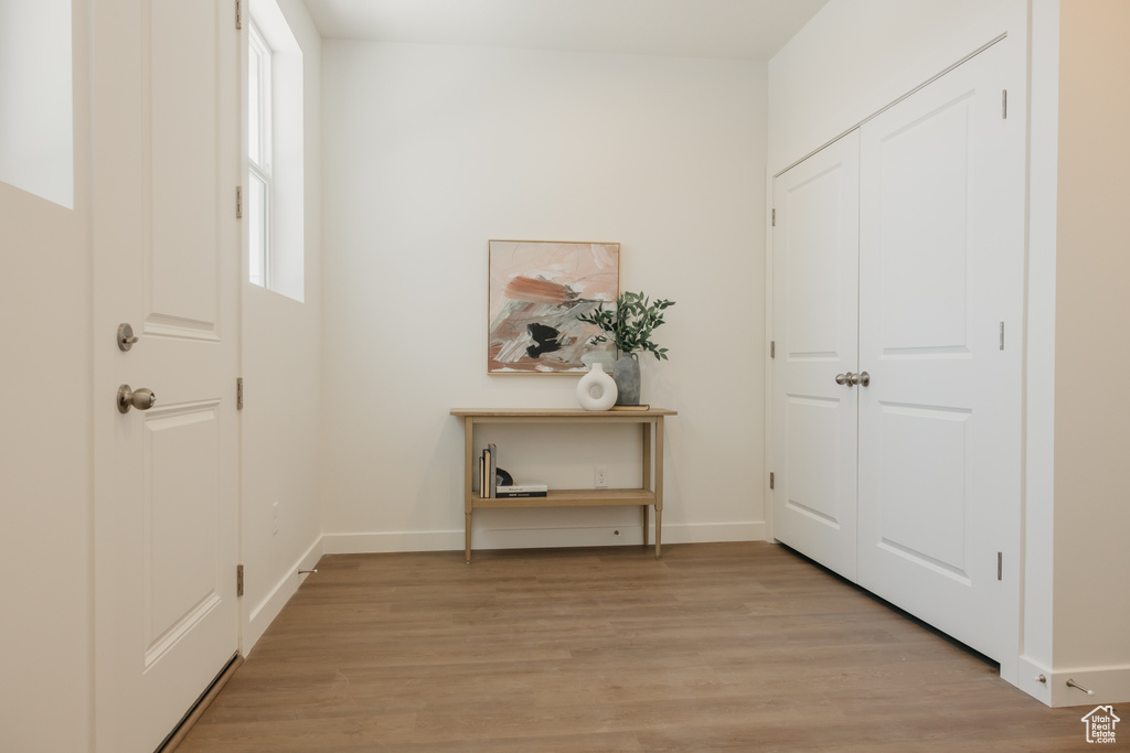 Entryway with light wood-style floors and baseboards