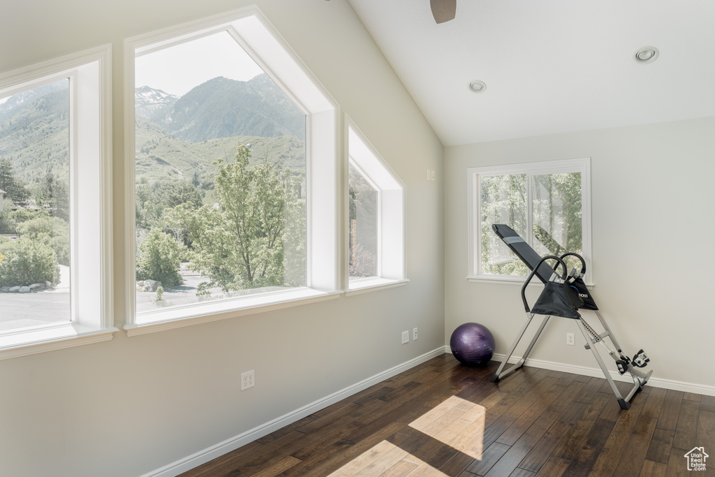 Workout room featuring a mountain view, wood-type flooring, and lofted ceiling
