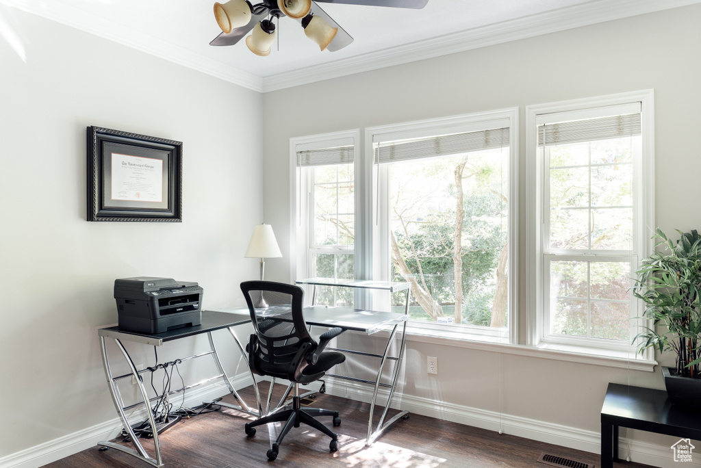 Office space with ceiling fan, wood finished floors, and crown molding