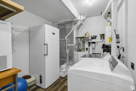 Laundry room featuring washing machine and clothes dryer and dark wood-style flooring