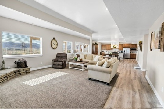 Living room with light wood-type flooring and baseboards