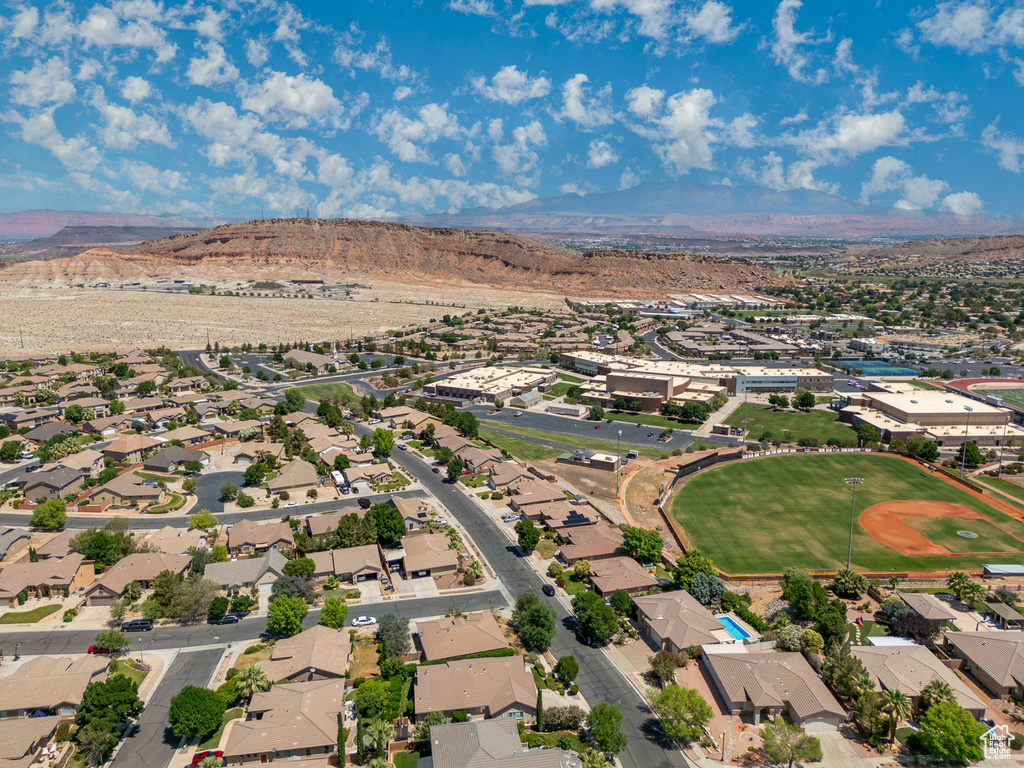 Aerial view of residential area with mountains