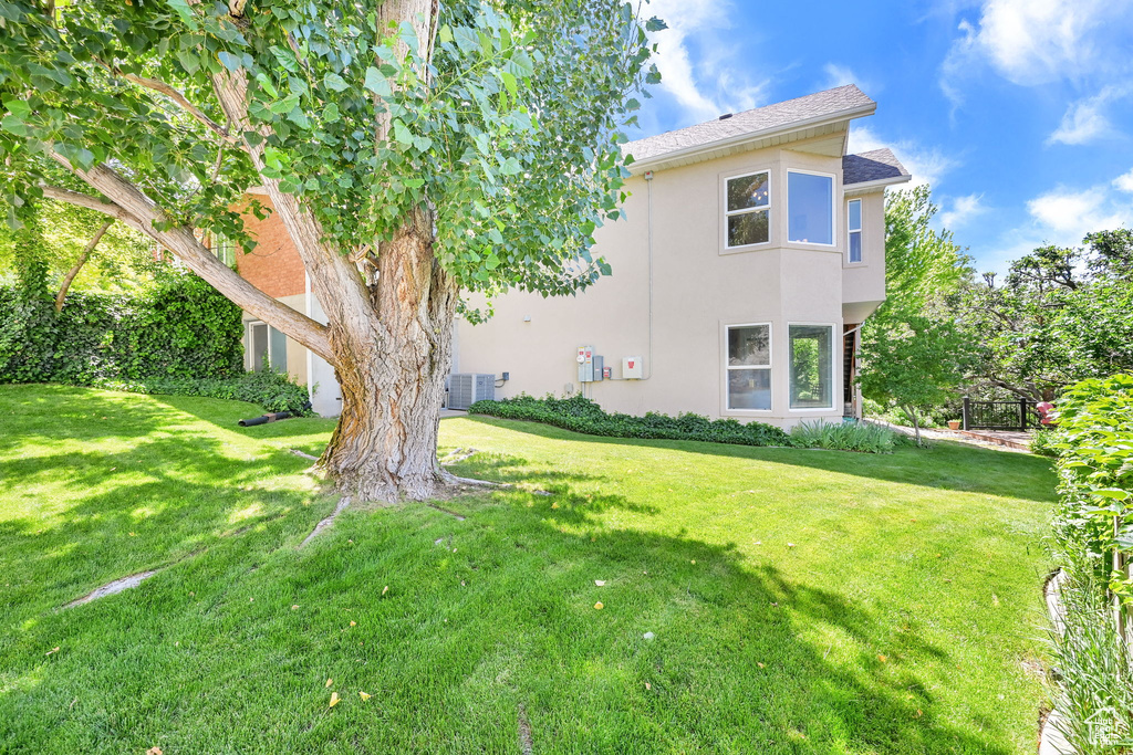Rear view of property featuring stucco siding and a yard