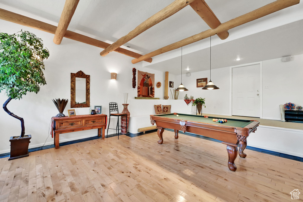Playroom with beamed ceiling, billiards, hardwood / wood-style flooring, and recessed lighting