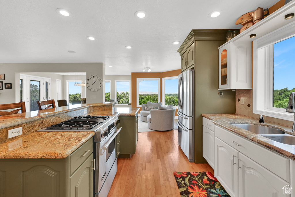 Kitchen with stainless steel appliances, open floor plan, healthy amount of natural light, recessed lighting, and light wood-style flooring