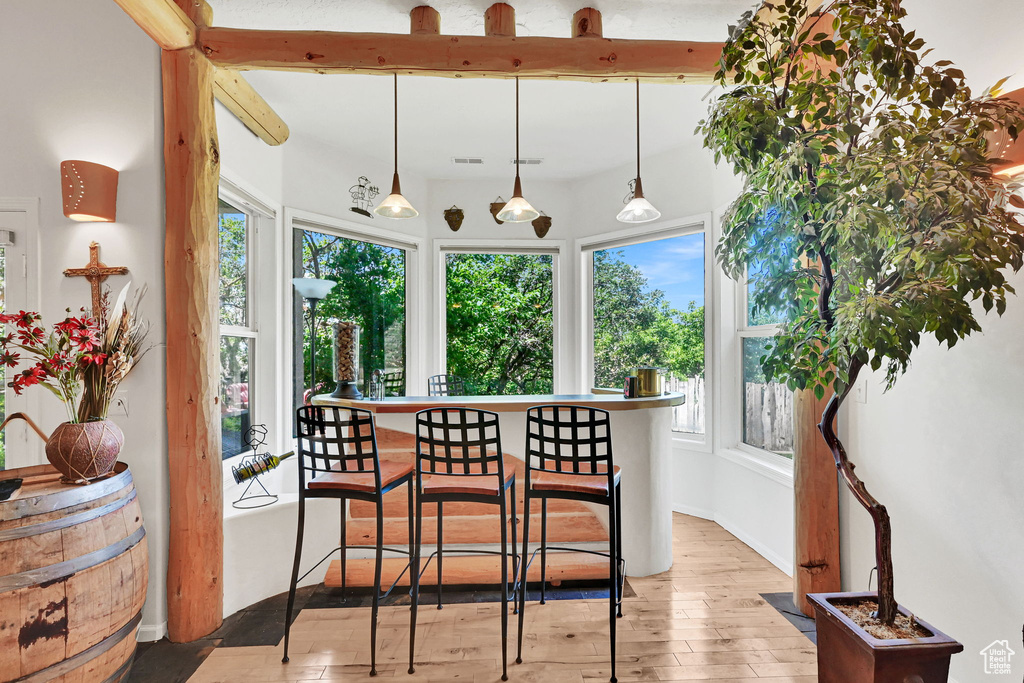 Dining area with healthy amount of natural light and wood finished floors