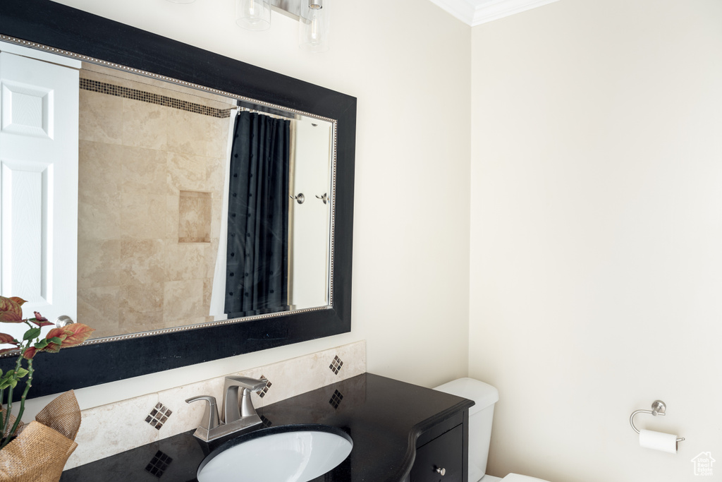 Full bathroom with crown molding, toilet, curtained shower, and vanity