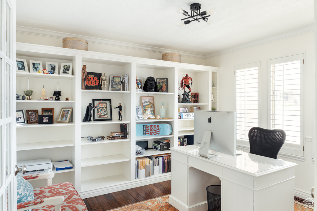 Office area featuring ornamental molding and wood finished floors