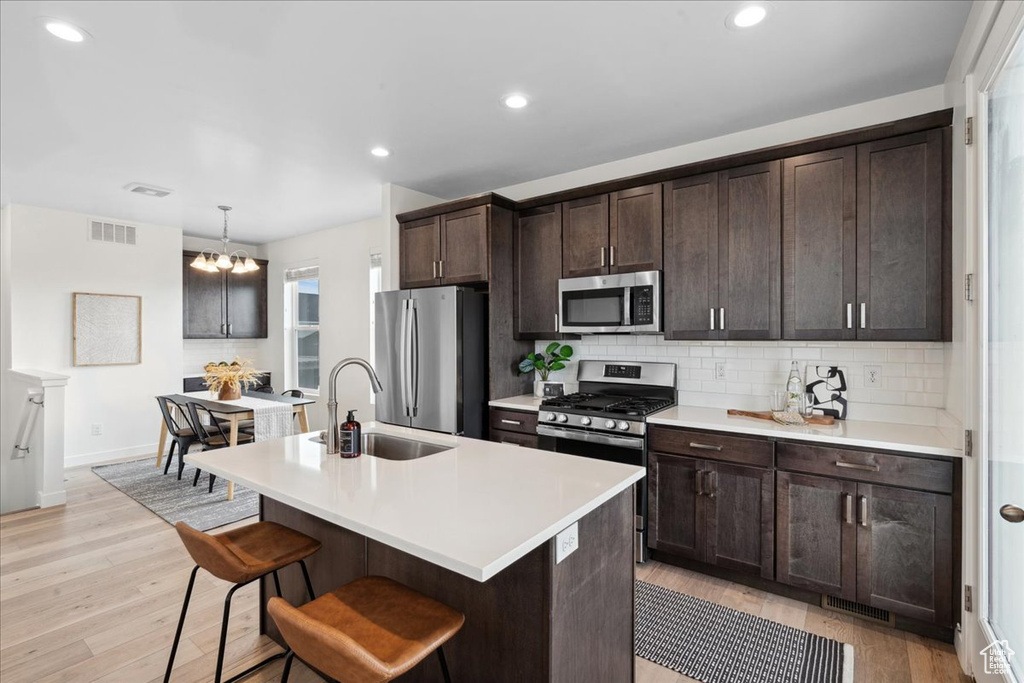 Kitchen featuring appliances with stainless steel finishes, decorative backsplash, dark brown cabinets, light wood-style floors, and light countertops