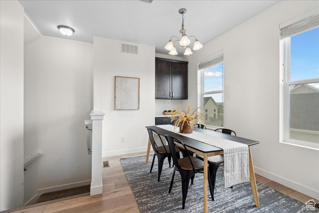 Dining space featuring a chandelier and light wood-type flooring