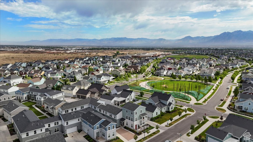 Aerial perspective of suburban area featuring mountains