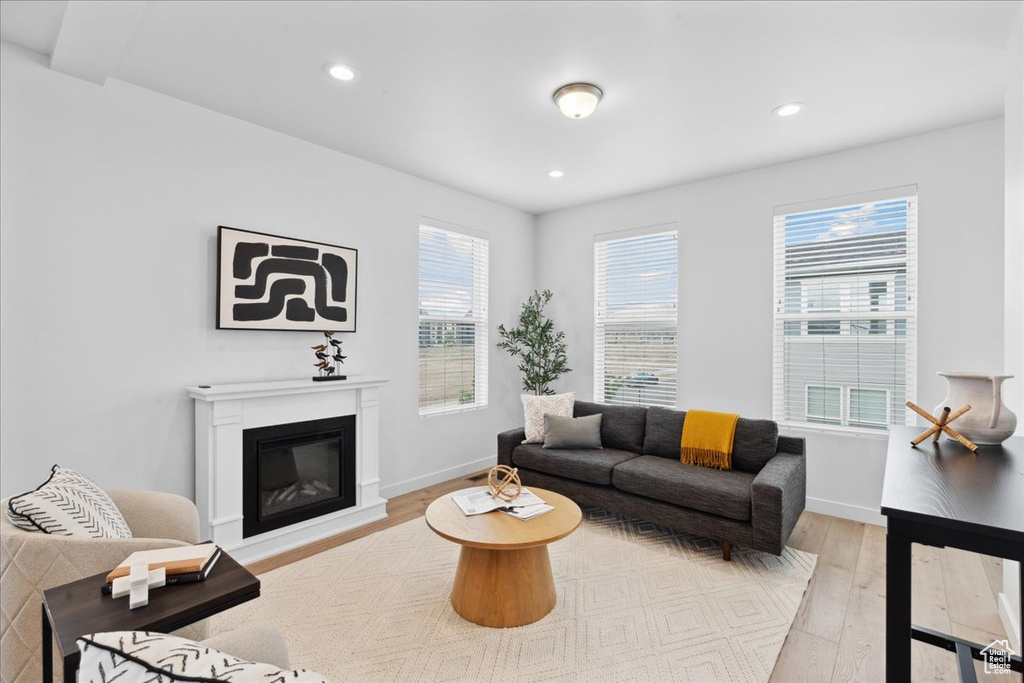 Living area with light wood-type flooring, recessed lighting, and a glass covered fireplace