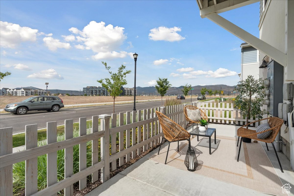 View of patio featuring a mountain view