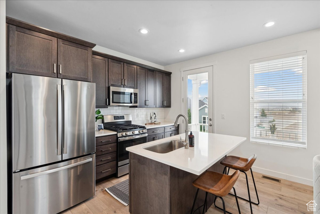 Kitchen with appliances with stainless steel finishes, light wood-type flooring, dark brown cabinetry, tasteful backsplash, and recessed lighting