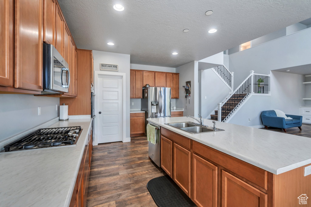 Kitchen featuring appliances with stainless steel finishes, open floor plan, dark wood finished floors, light countertops, and brown cabinets