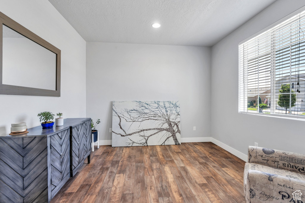 Living area with wood finished floors, healthy amount of natural light, a textured ceiling, and recessed lighting