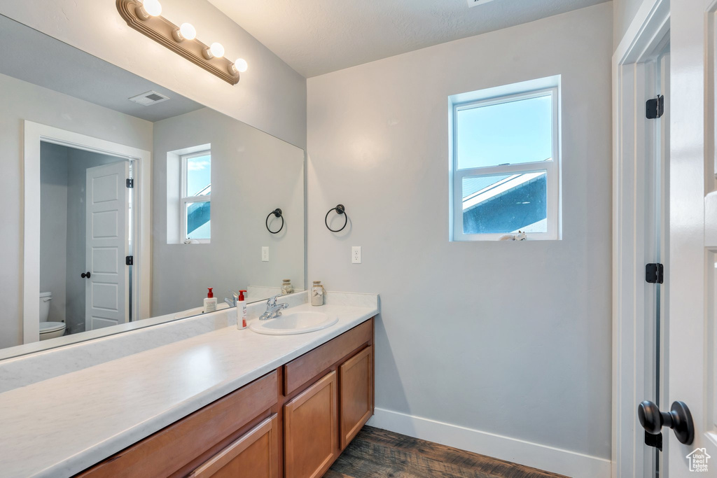 Bathroom with vanity and wood finished floors