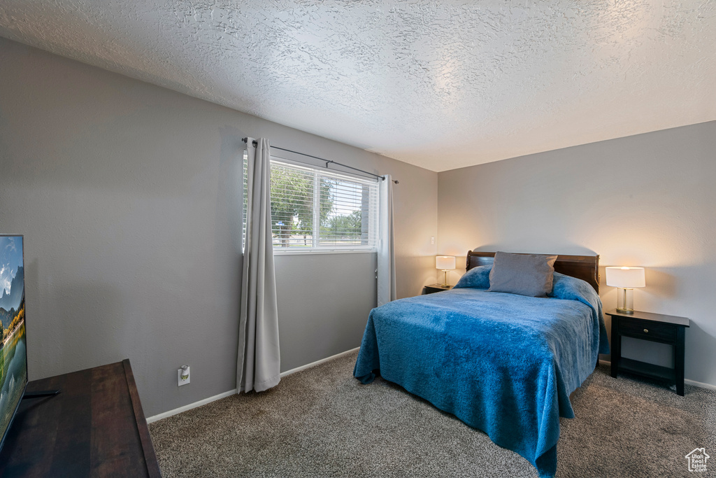 Carpeted bedroom with a textured ceiling and baseboards