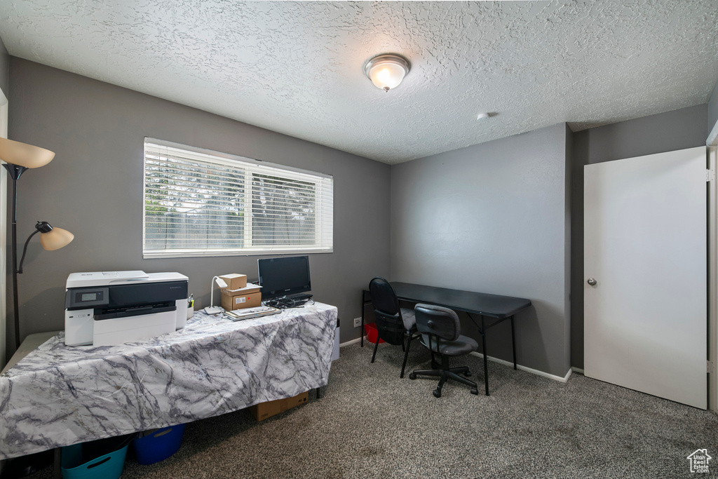 Carpeted bedroom featuring a textured ceiling, an office area, and baseboards