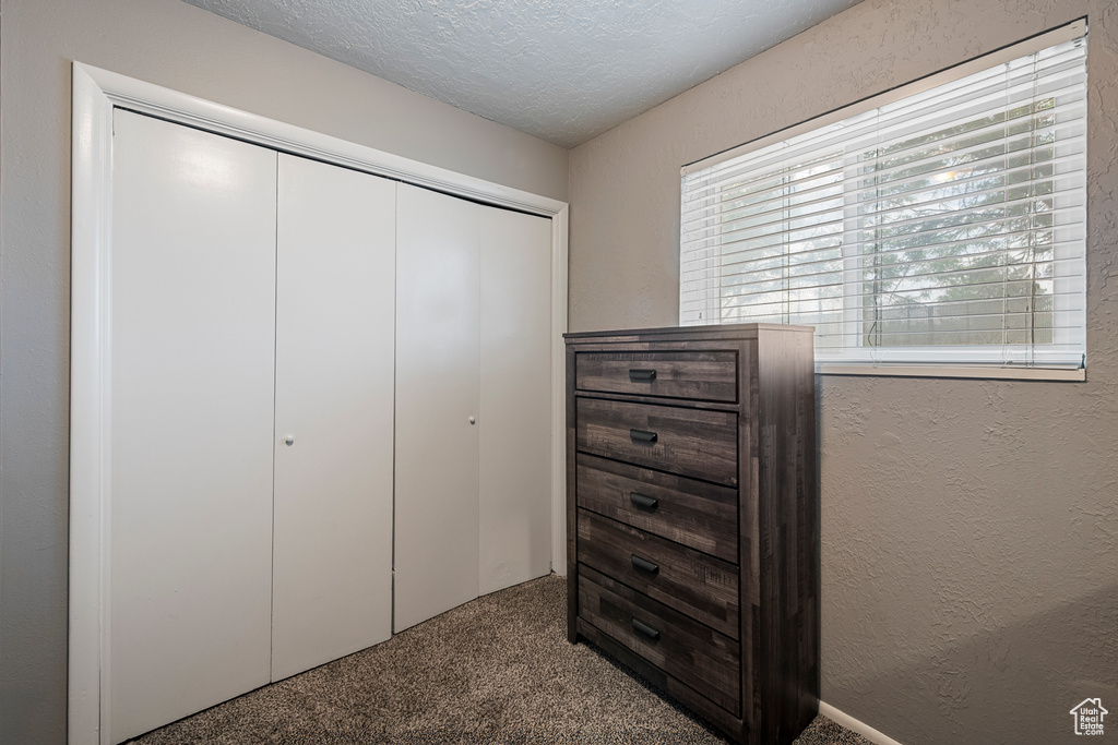 Carpeted bedroom featuring a closet, a textured ceiling, and a textured wall