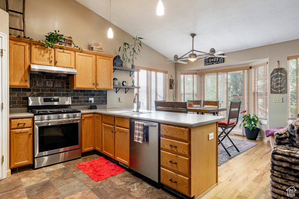 Kitchen featuring appliances with stainless steel finishes, under cabinet range hood, a peninsula, lofted ceiling, and light countertops