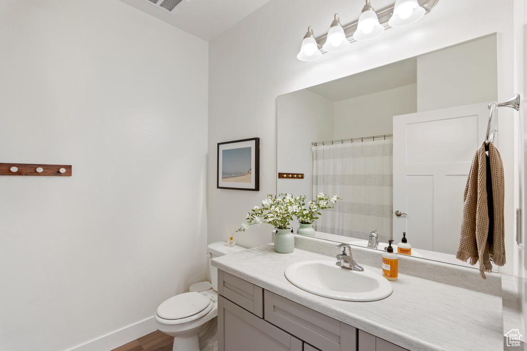Bathroom featuring vanity, wood finished floors, and a shower with curtain