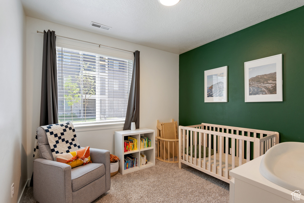 Carpeted bedroom featuring a crib and multiple windows