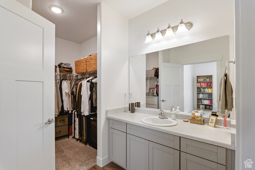 Bathroom with vanity and a walk in closet