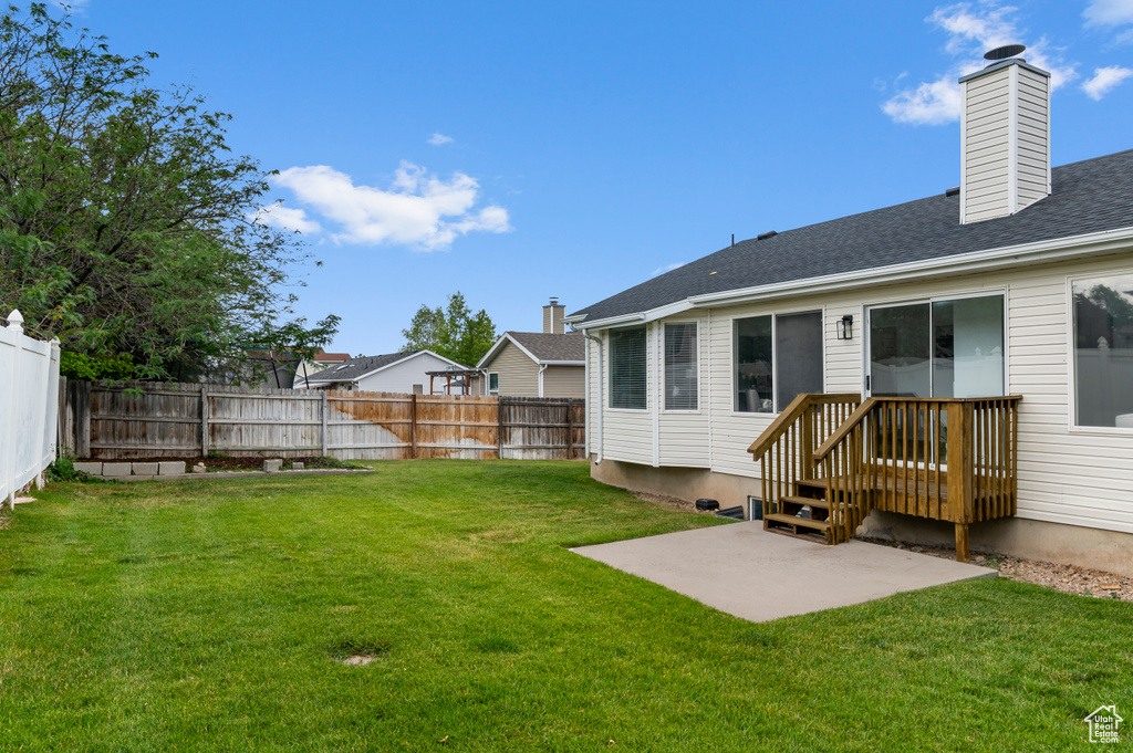 Fenced backyard with a patio