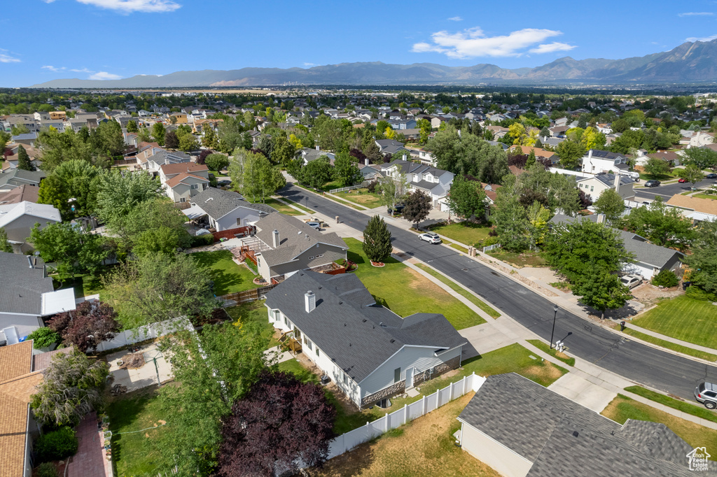 Aerial view of residential area with mountains