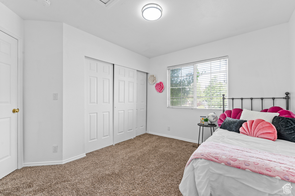 Bedroom with carpet floors and a closet
