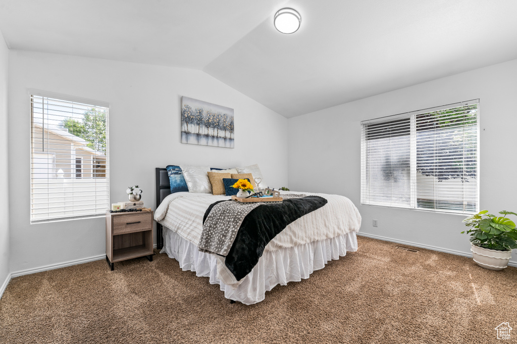 Bedroom featuring lofted ceiling and carpet floors