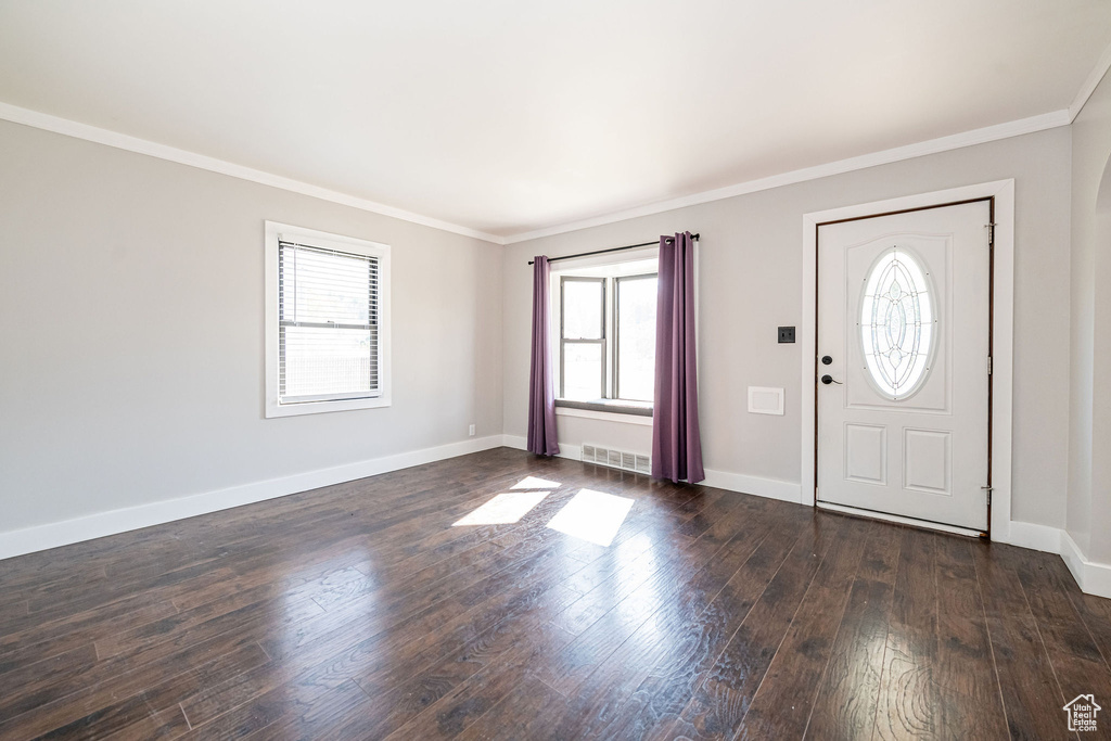 Entrance foyer featuring plenty of natural light, dark wood-style floors, crown molding, and baseboards