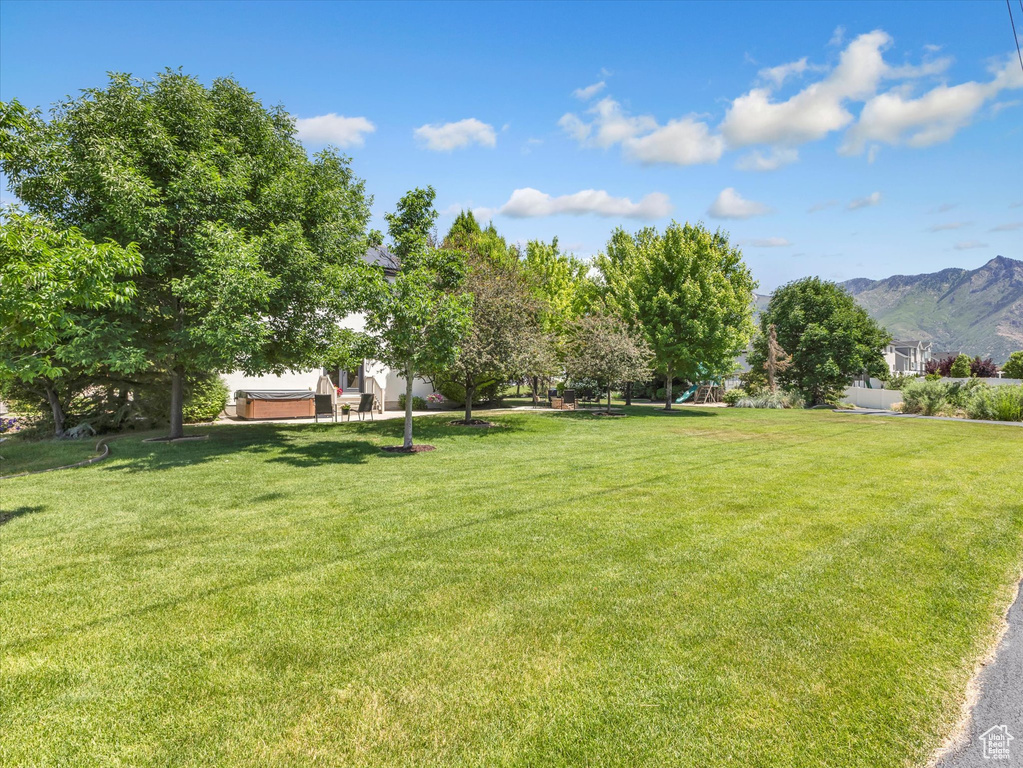 View of green lawn with a mountain view