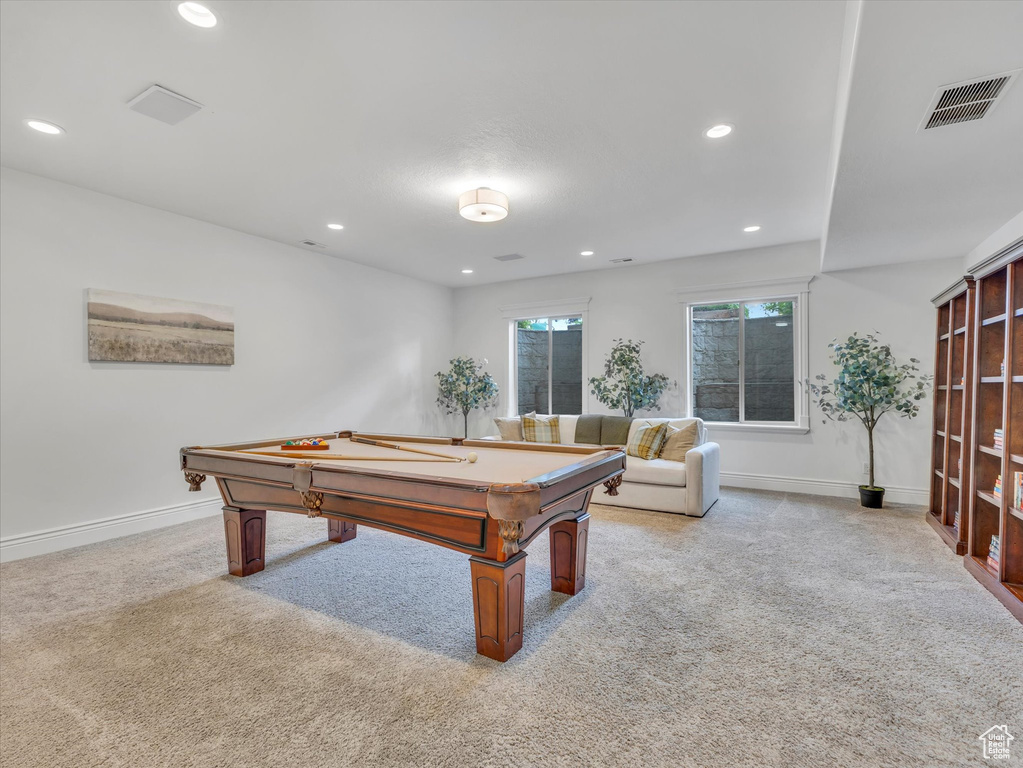 Rec room with light colored carpet, pool table, and recessed lighting