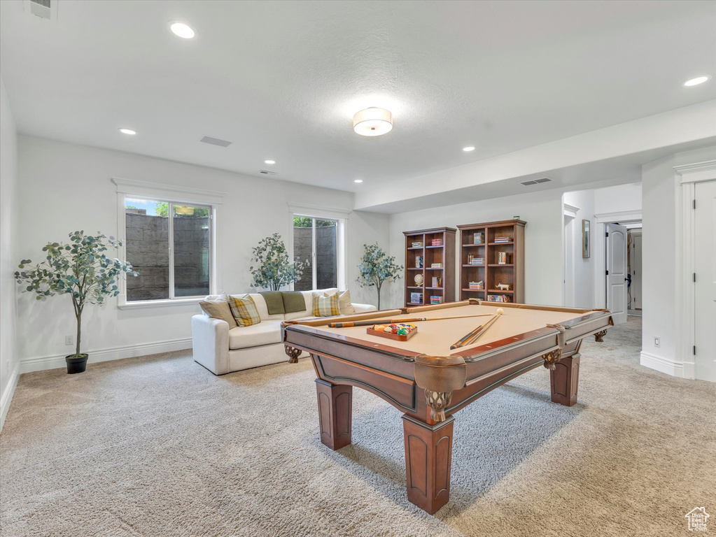 Playroom featuring light colored carpet, recessed lighting, and billiards table